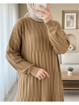Round Neck Thick Striped Casual Knit Tunic -Mink color