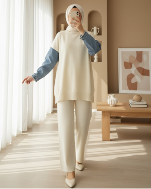 Denim Detailed Sleeve Knitwear Set -Cream color