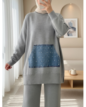 Denim Kangaroo Pocket Knitwear Set -Grey
