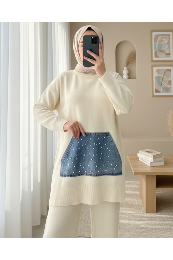 Denim Kangaroo Pocket Knitwear Set -Cream color