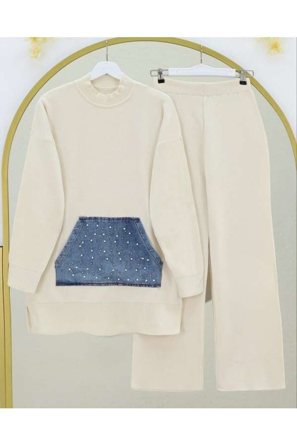 Denim Kangaroo Pocket Knitwear Set -Cream color
