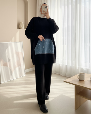 Denim Kangaroo Pocket Knitwear Set -Black