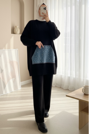 Kot Kanguru Cepli Triko Takım -Siyah