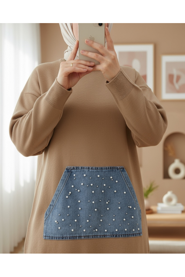 Denim Kangaroo Pocket Knitwear Set -Mink color