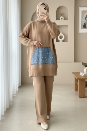 Kot Kanguru Cepli Triko Takım -Vizon