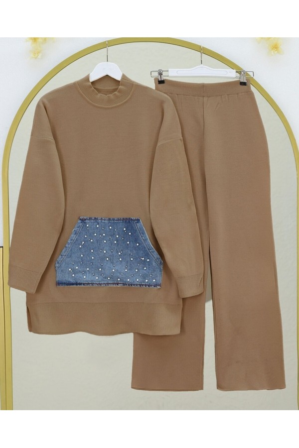 Denim Kangaroo Pocket Knitwear Set -Mink color