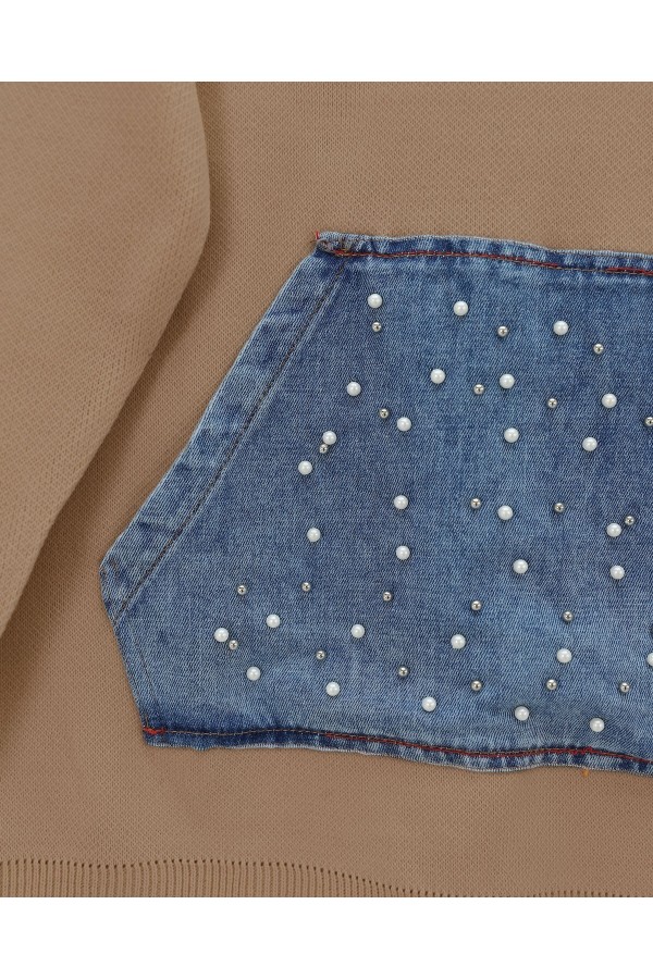 Denim Kangaroo Pocket Knitwear Set -Mink color
