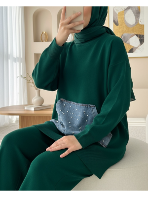 Kot Kanguru Cepli Triko Takım -Zümrüt