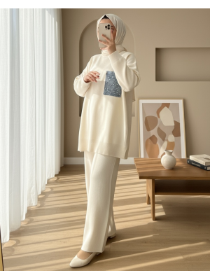 Tek Cepli İncili Triko Takım -Krem