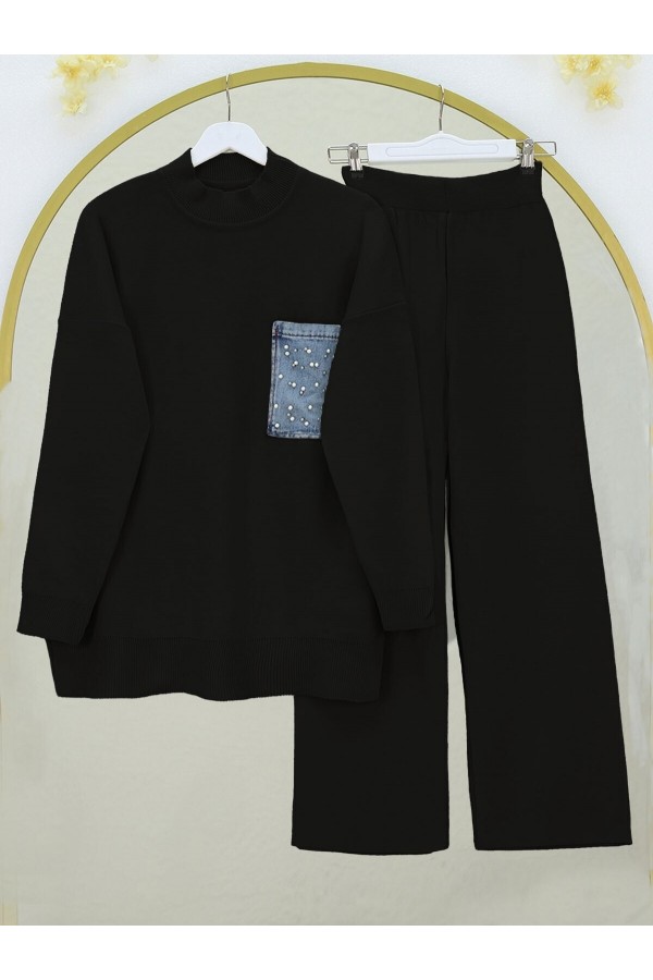 Single Pocket Pearl Knitwear Set -Black