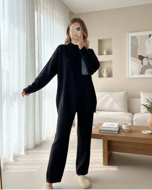 Single Pocket Pearl Knitwear Set -Black