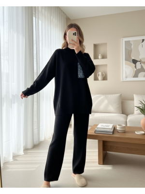 Tek Cepli İncili Triko Takım -Siyah