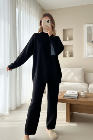 Tek Cepli İncili Triko Takım -Siyah
