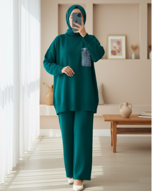 Single Pocket Pearl Knitwear Set -Emerald