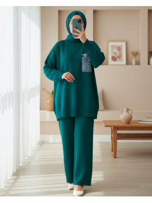 Tek Cepli İncili Triko Takım -Zümrüt