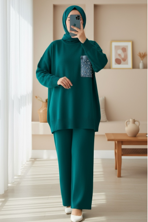 Tek Cepli İncili Triko Takım -Zümrüt