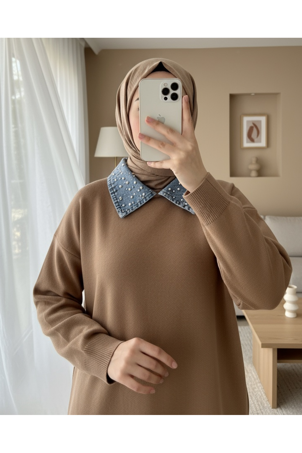 Denim Shirt Collar Knitwear Set -Mink color
