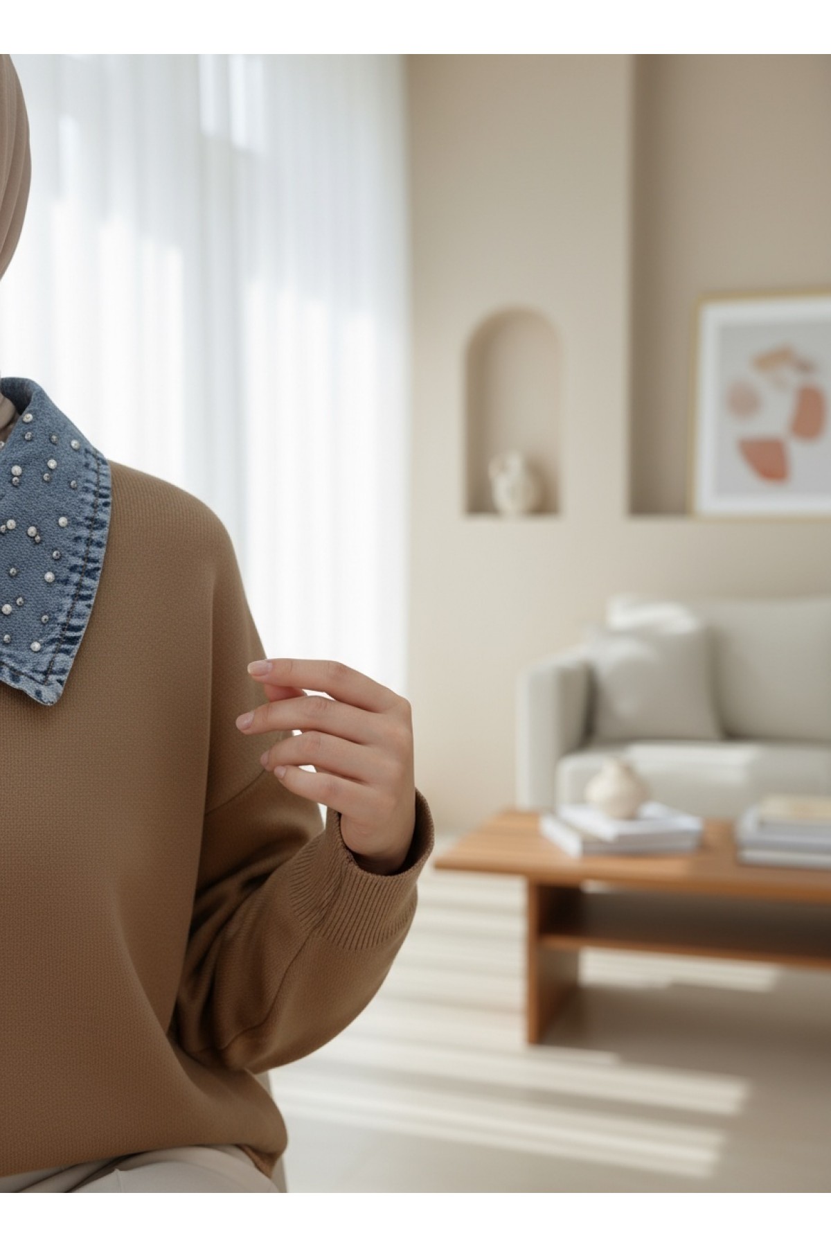 Denim Shirt Collar Knitwear Set -Mink color