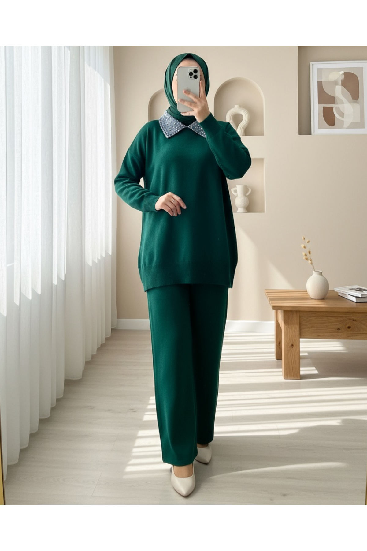 Denim Shirt Collar Knitwear Set -Emerald