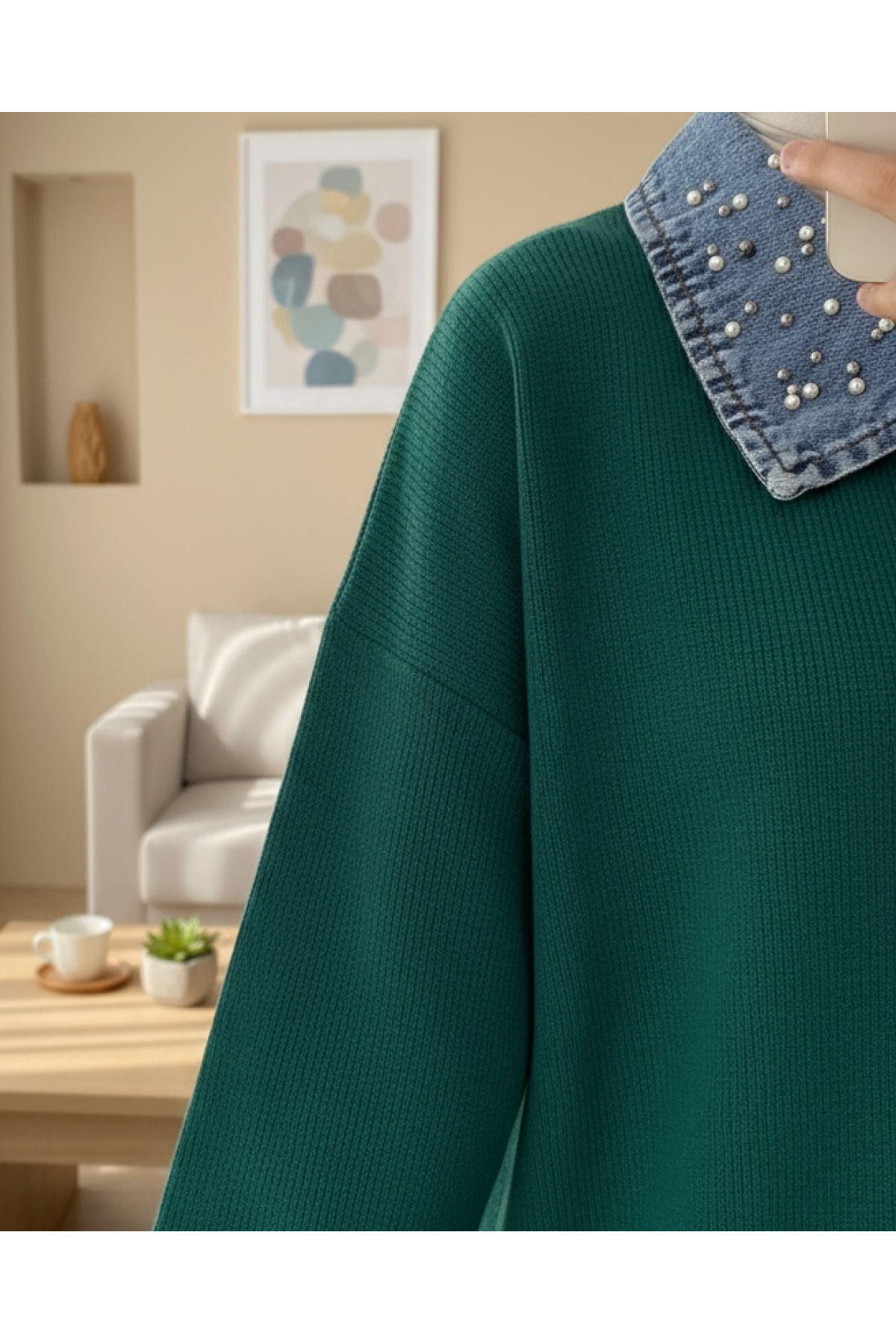 Denim Shirt Collar Knitwear Set -Emerald