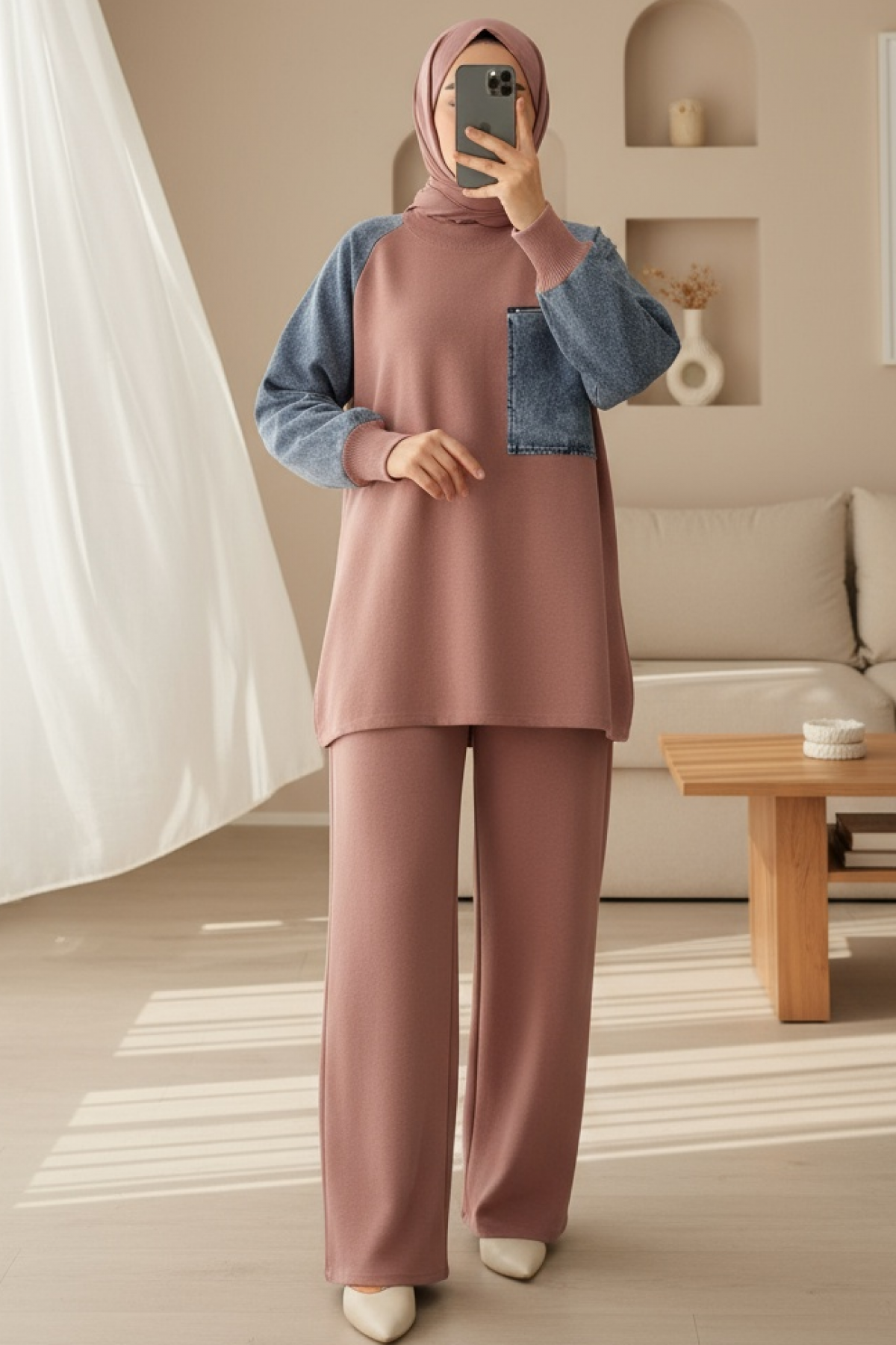 Pocket Zippered Knitwear Set -Dried rose