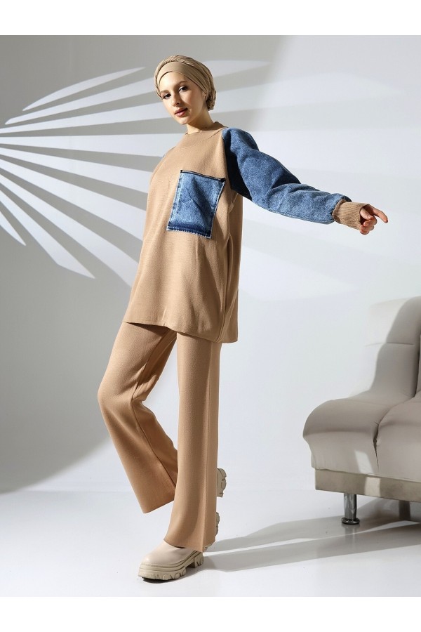 Pocket Zippered Knitwear Set -Mink color