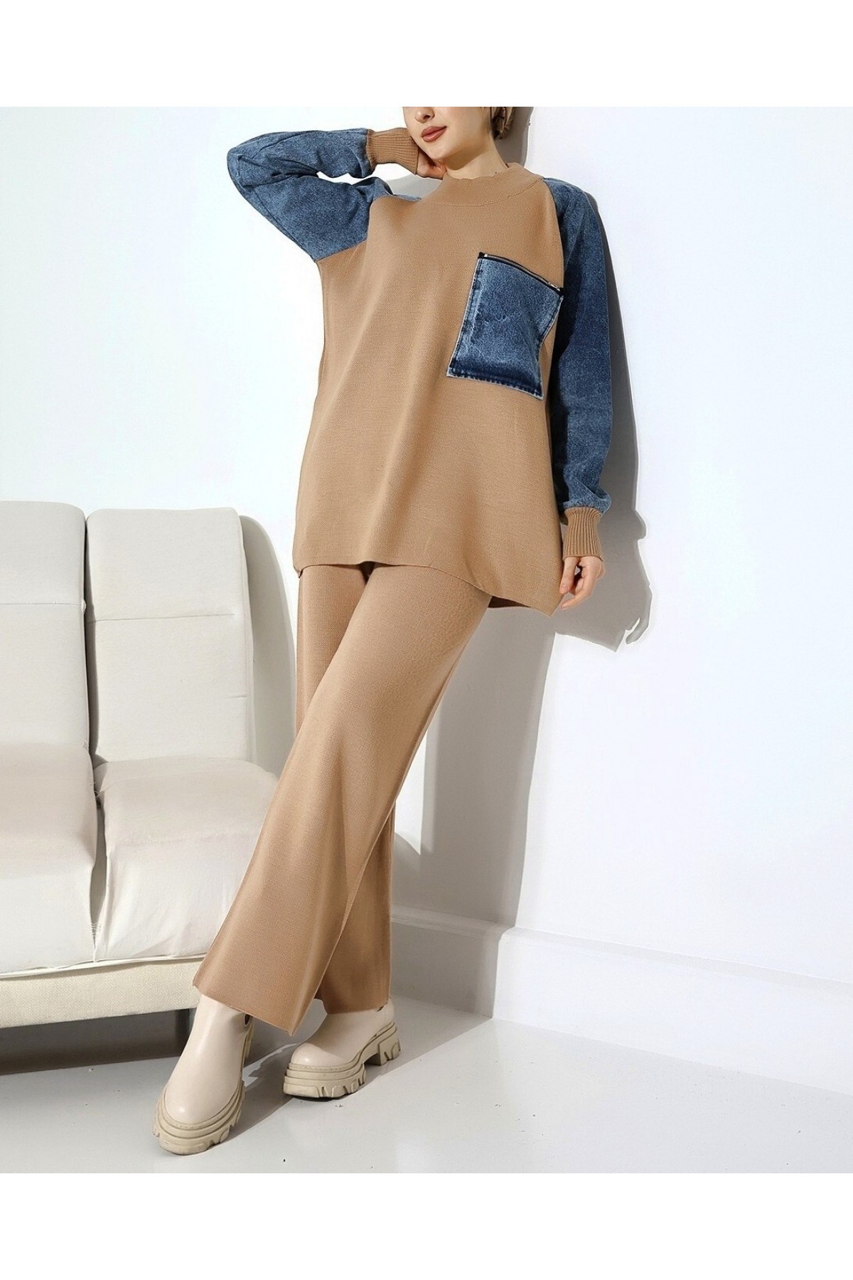 Pocket Zippered Knitwear Set -Mink color detay görseli