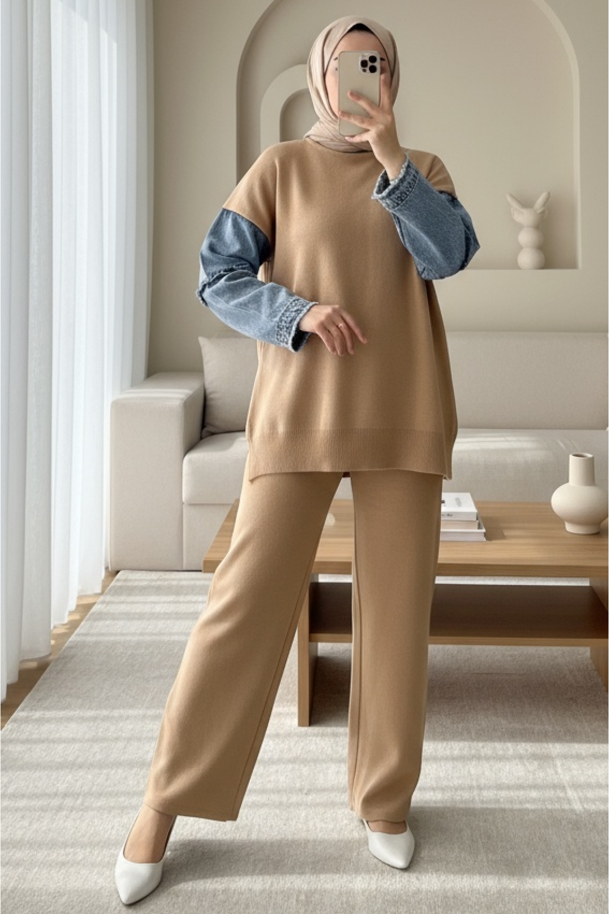 Denim Tassel Detailed Knitwear Set -Mink color