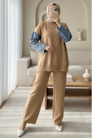 Kolları Kot Püskül Detaylı Triko Takım  -Vizon