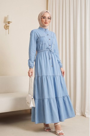 Cebi Lastikli Eteği Katlı Kot Elbise  -Açık Mavi