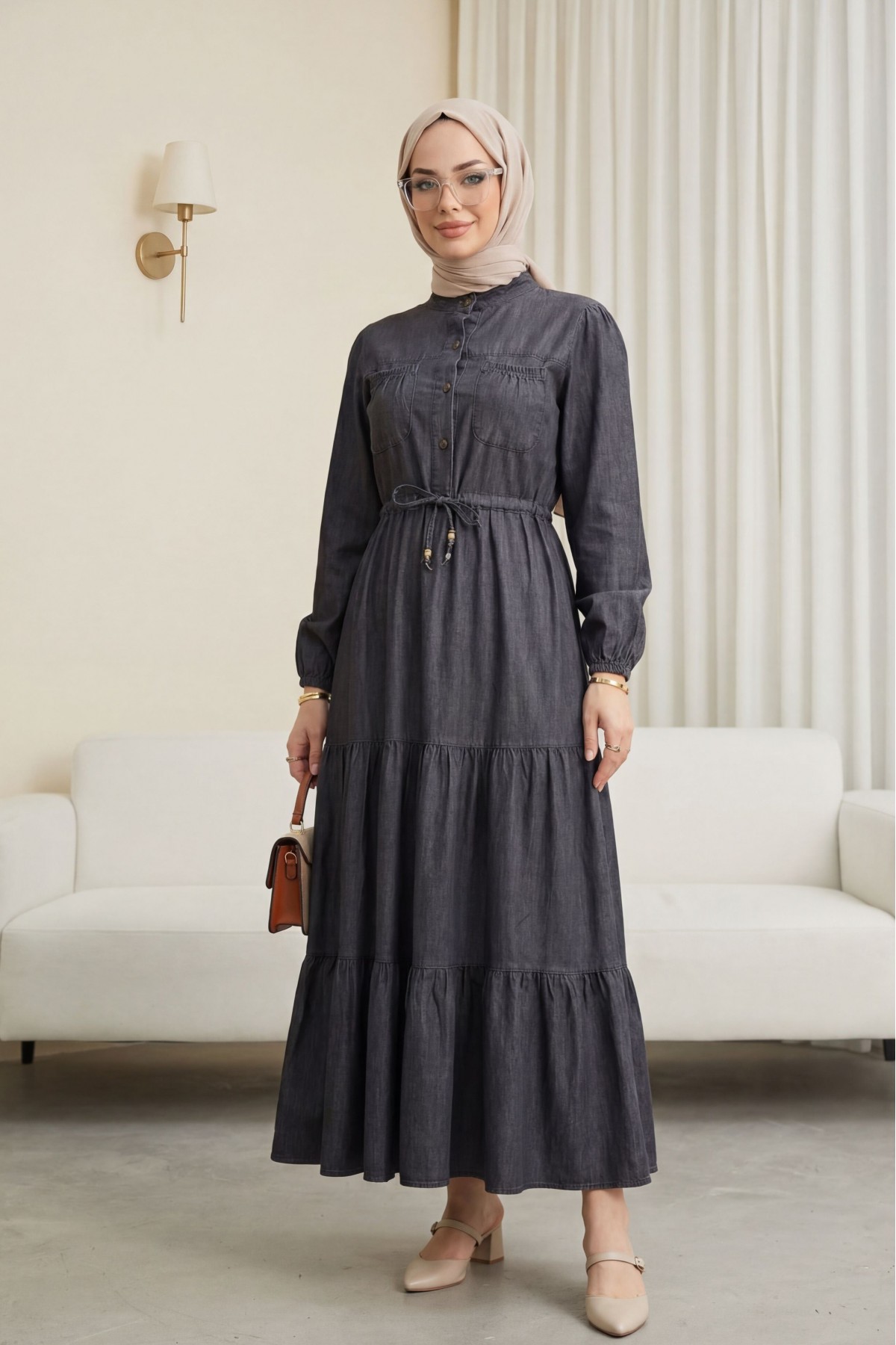 Denim Dress with Elastic Pockets and Tiered Skirt  -Black