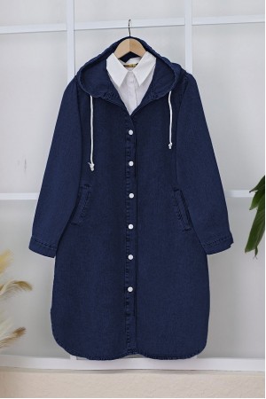 Oval Cut Denim Jacket with Hooded Buttons   -Navy blue