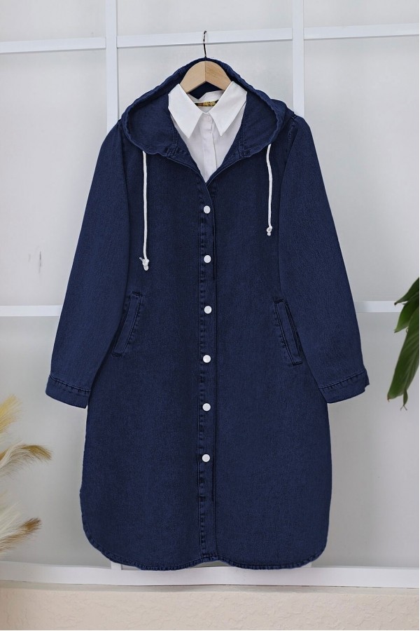 Oval Cut Denim Jacket with Hooded Buttons   -Navy blue
