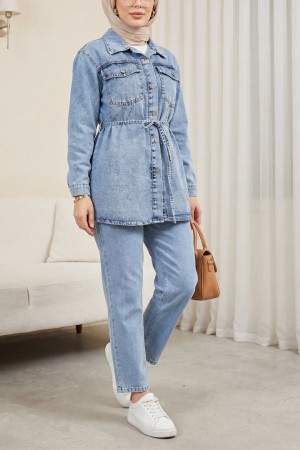 Serpme Taşlı Düğmeli Ceket Pantolon Kot Takım  -Buz Mavi