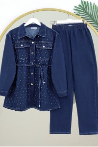 Serpme Taşlı Düğmeli Ceket Pantolon Kot Takım  -Laci
