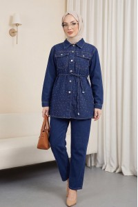 Serpme Taşlı Düğmeli Ceket Pantolon Kot Takım  -Laci