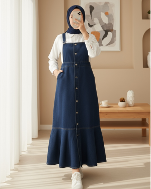 Önden Düğmeli Yan Cepli Eteği Fırfırlı Kot Jile  -Laci