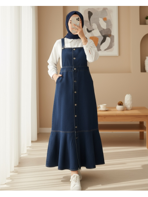 Front Buttoned Side Pocket Ruffle Skirt Denim Vest  -Navy blue