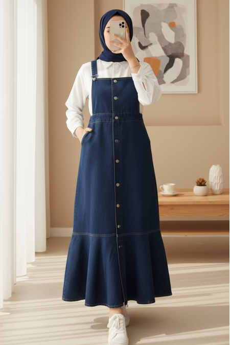 Önden Düğmeli Yan Cepli Eteği Fırfırlı Kot Jile  -Laci