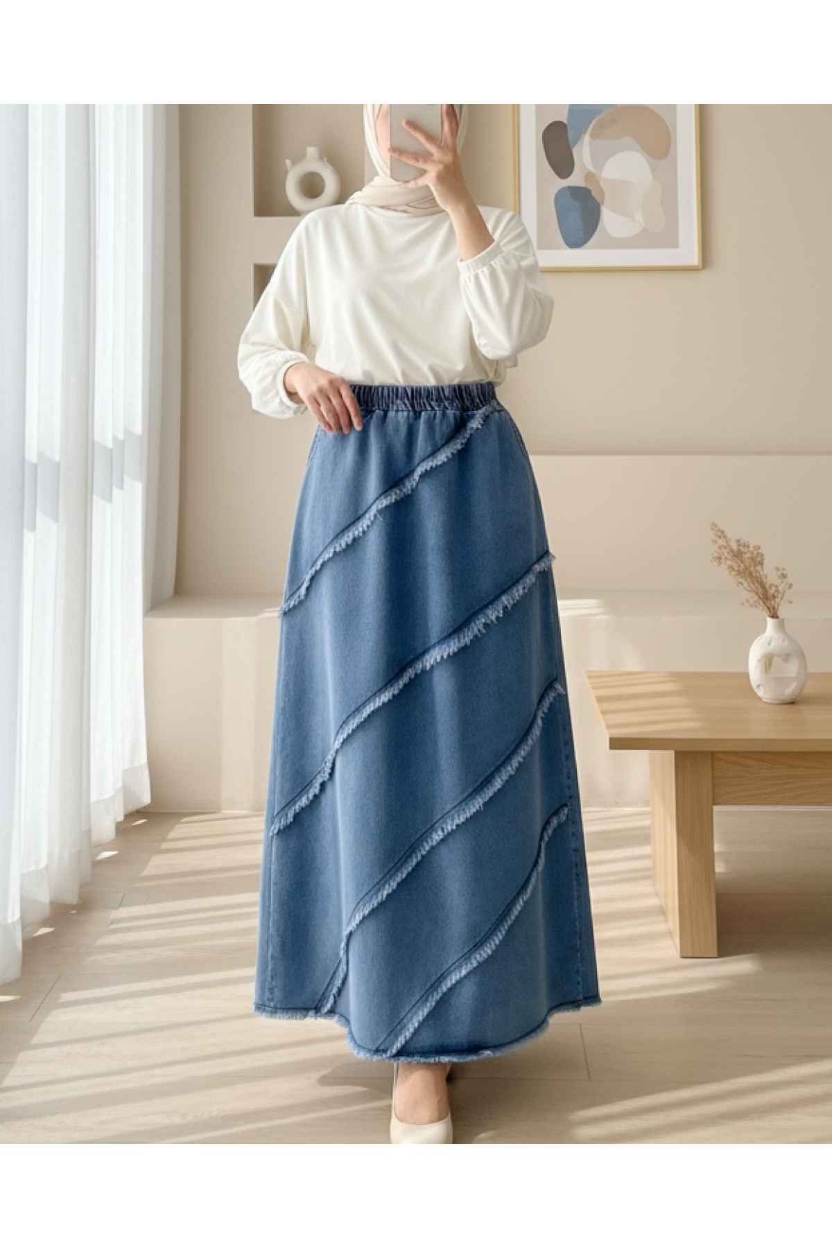 Elastic Waist Denim Skirt with Tassel Detail -İndigo
