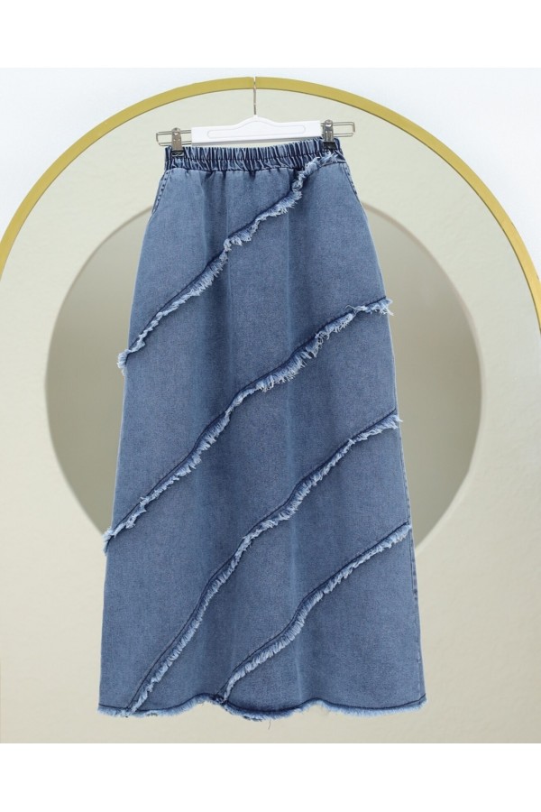 Elastic Waist Denim Skirt with Tassel Detail -İndigo