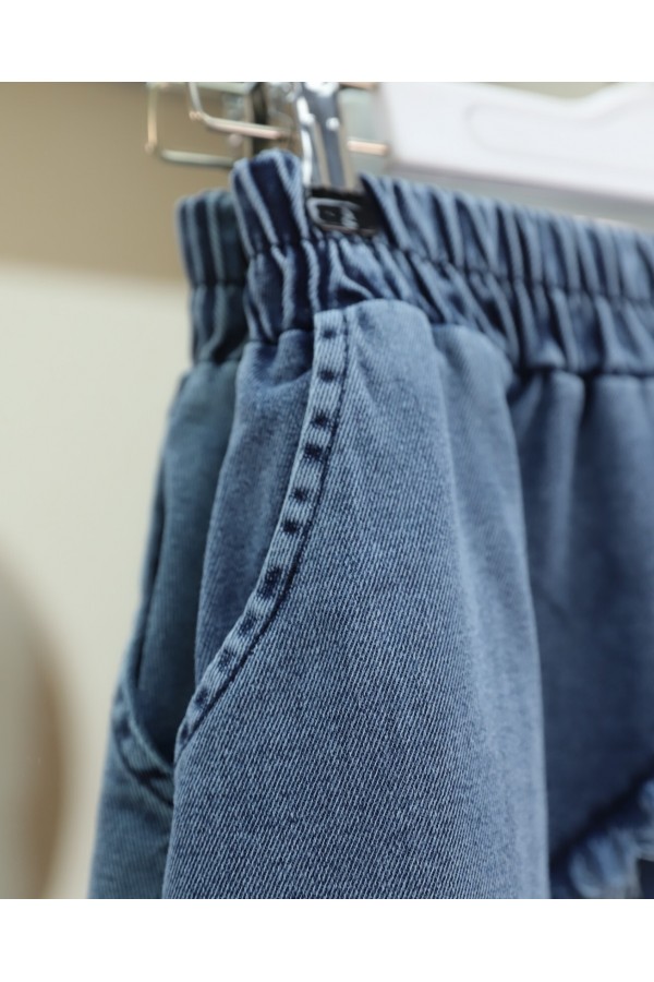 Elastic Waist Denim Skirt with Tassel Detail -İndigo