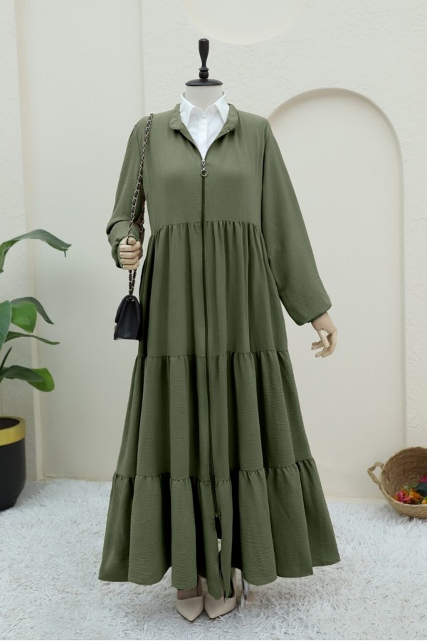 Ayrobin Abaya with Elasticated Sleeves and Zipper from the Neck -Khaki