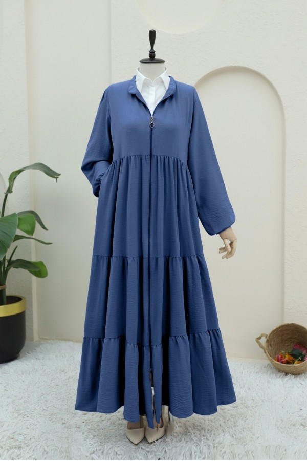 Ayrobin Abaya with Elasticated Sleeves and Zipper from the Neck -İndigo