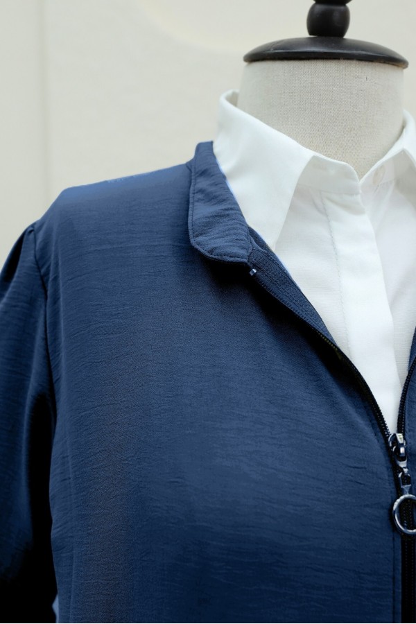 Ayrobin Abaya with Elasticated Sleeves and Zipper from the Neck -İndigo