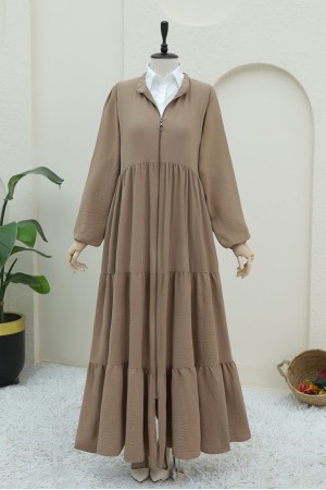 Boydan Fermuarlı Kolu Lastikli Parçalı Ayrobin Ferace -Vizon