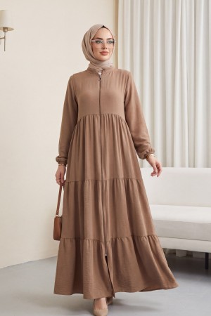 Boydan Fermuarlı Kolu Lastikli Parçalı Ayrobin Ferace -Vizon