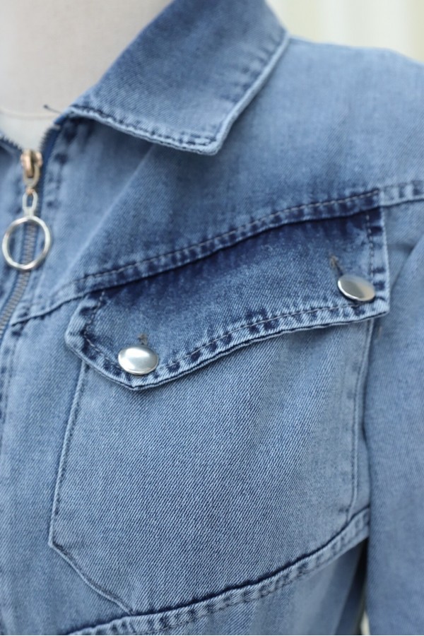 Half Zipper Tunnel Laced Elastic Sleeve Denim Dress -Ice Blue