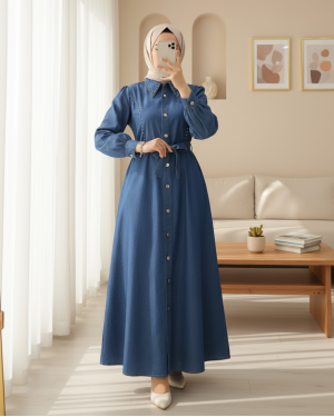 Belden Bağlamalı Önü Düğmeli Boncuklu Kot Elbise -Mavi