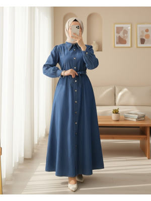 Belden Bağlamalı Önü Düğmeli Boncuklu Kot Elbise -Mavi